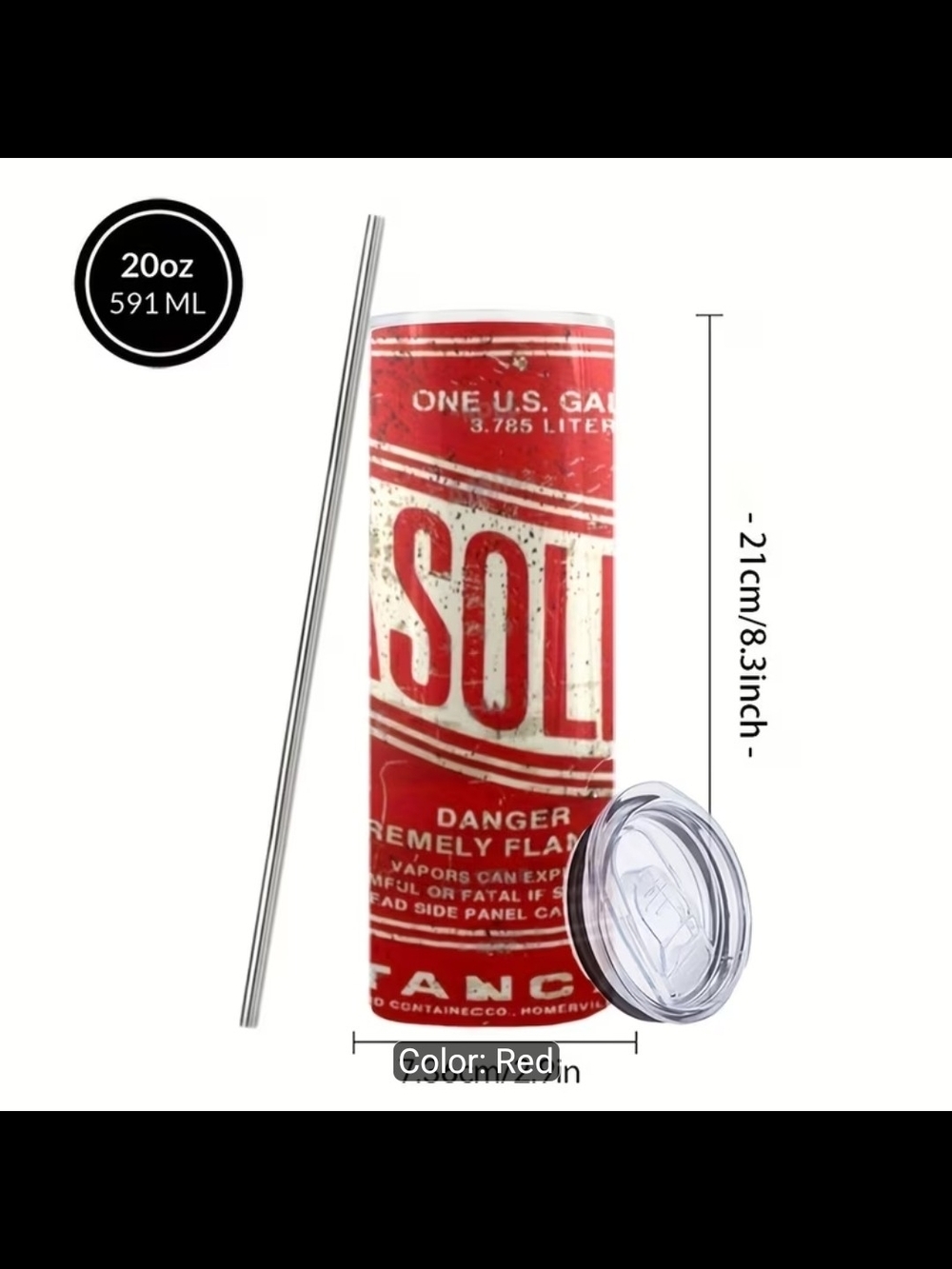Retro Gasoline Stainless Steel Red Travel Tumbler with Straw NEW!!